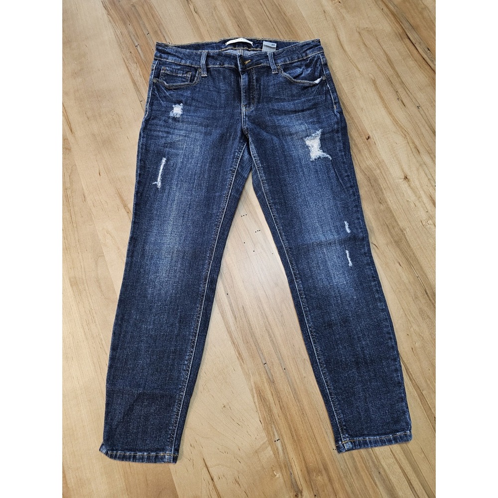 Eunina Women's Mid Rise‎ Destructed Skinny Jeans Size 30 Distressed Dark Wash